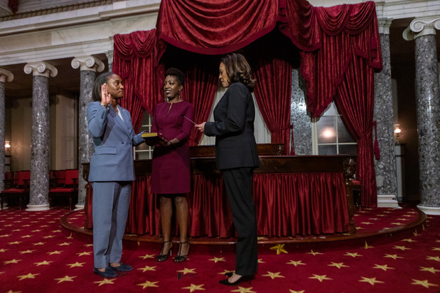 Laphonza Butler is sworn in by Vice President Kamala Harris in the Old Senate Chamber at the U.S. Capitol.