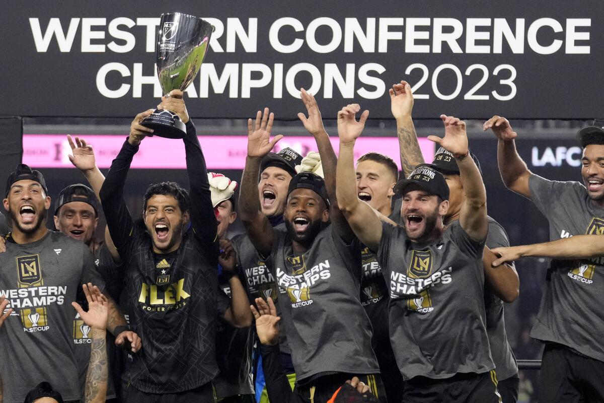 LAFC players cheer after the MLS Western Conference final 