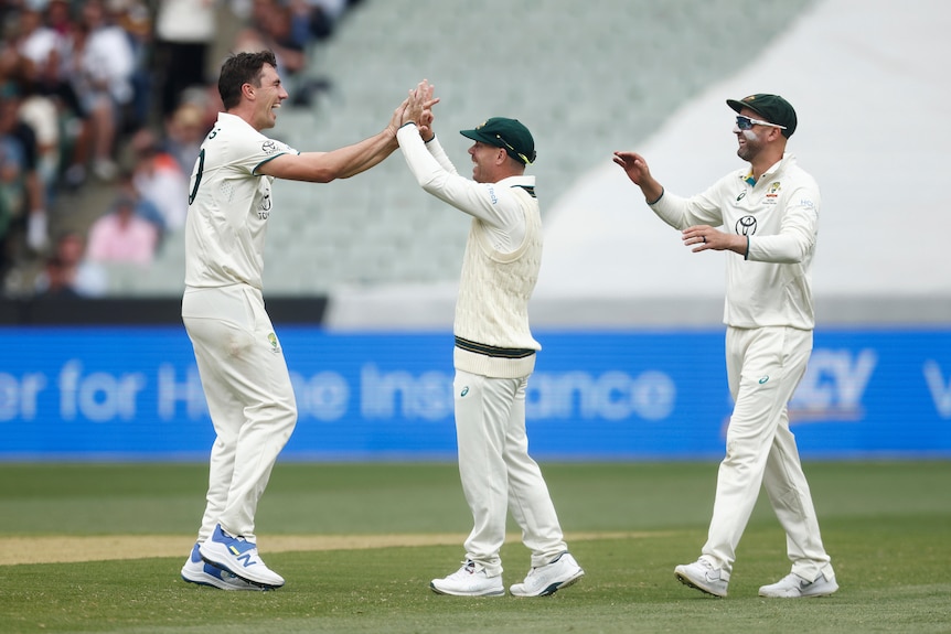 Australia bowlers Pat Cummins high-fives David Warner as Nathan Lyon lurks behind.