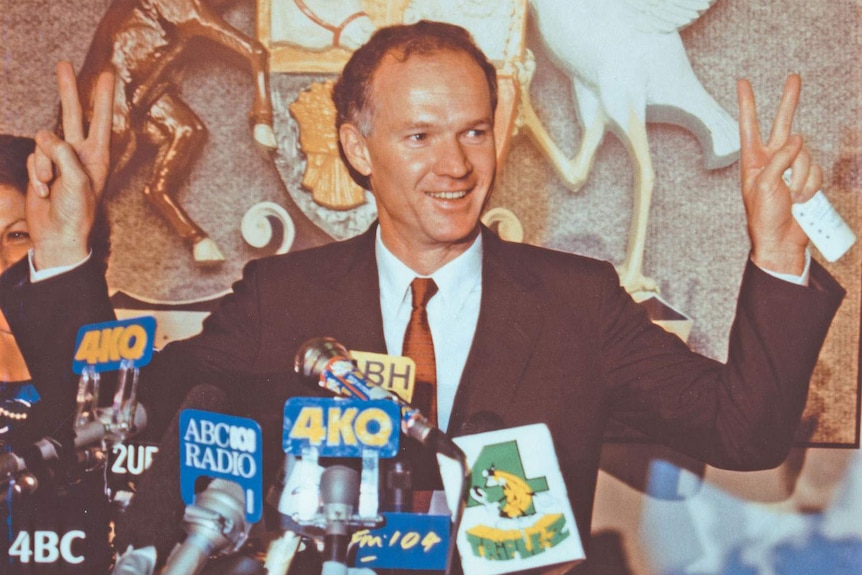 Then-Qld Labor leader Wayne Goss claims victory in the state election on December 2, 1989.