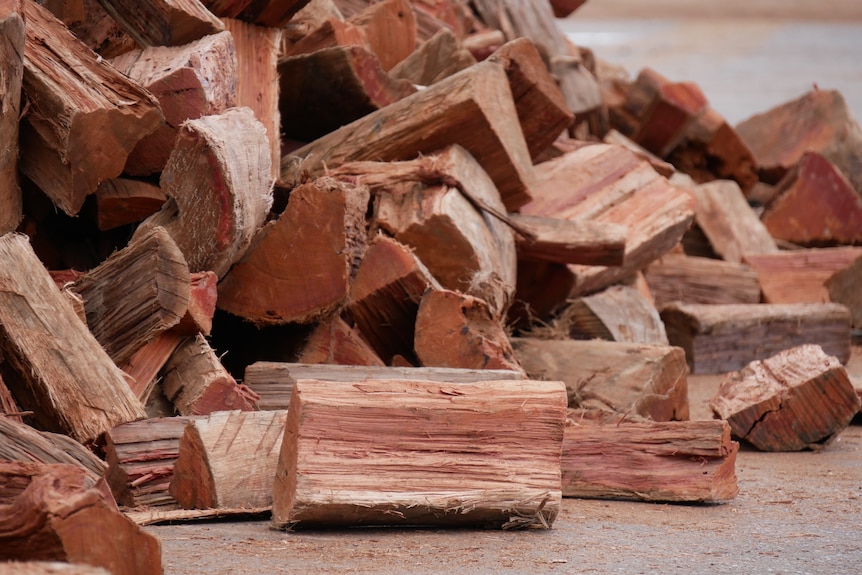Split firewood lies in a pile
