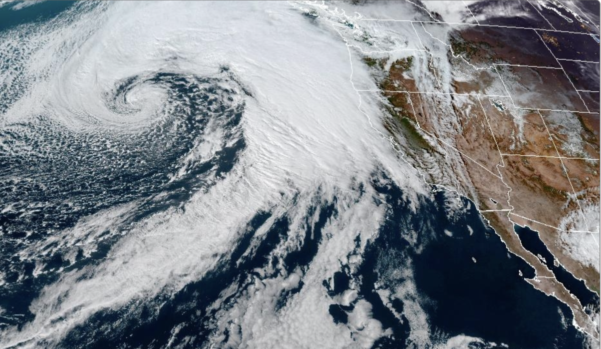 A photo captured by NOAA's GOES-West satellite showed a 'Pineapple Express' bringing tropical moisture to the West Coast