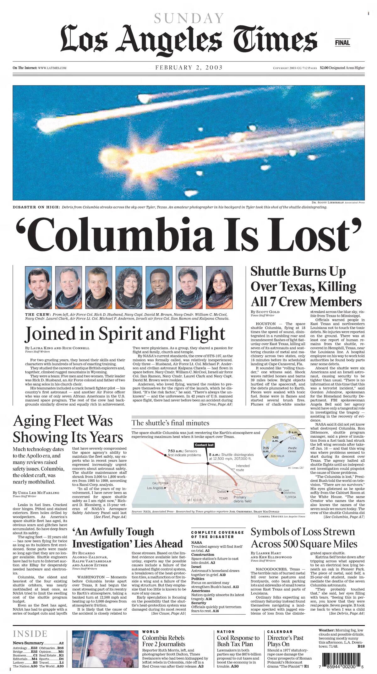 The front page of the Los Angeles Times depicting the space shuttle Columbia disaster.