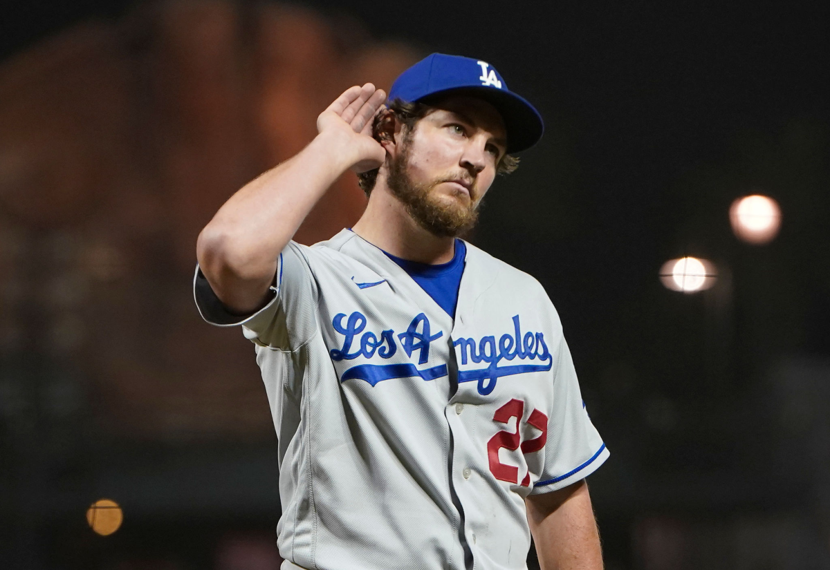 Dodgers pitcher Trevor Bauer reacts to fans booing him in a game against the San Francisco Giants on May 21, 2021.