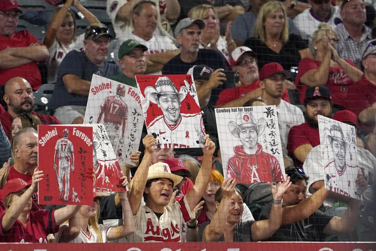 Angels fans hold pictures of Shohei Ohtani and Ippei Mizuhara.