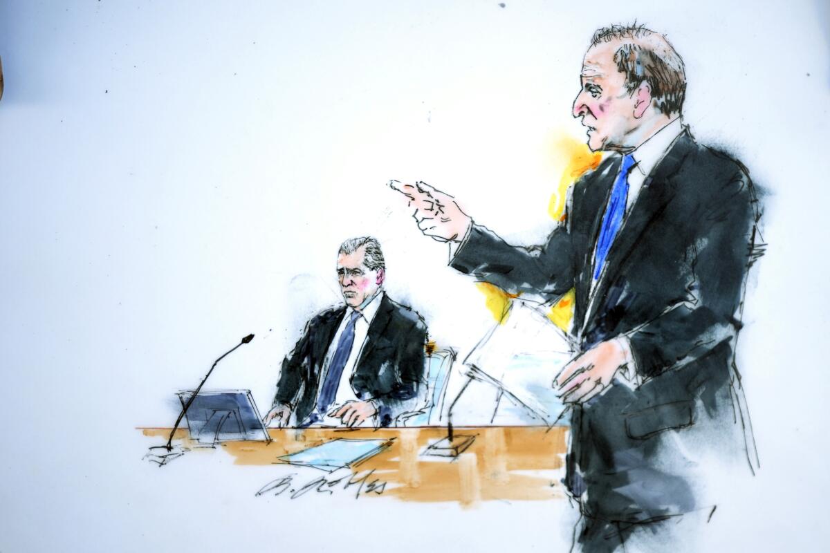 Courtroom sketch shows Hunter Biden seated, left, as his defense attorney Abbe Lowell speaks