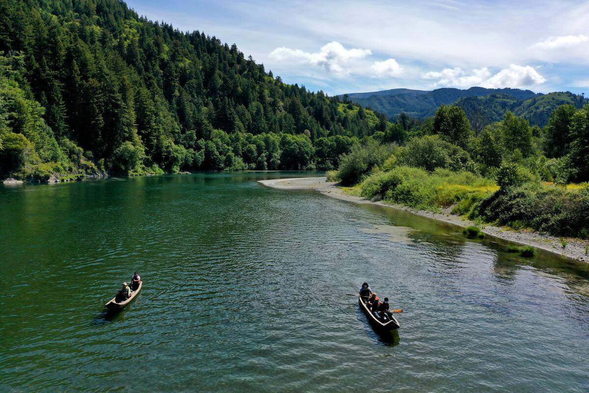 Yurok guides paddle visitors along the Klamath River in traditional canoes.