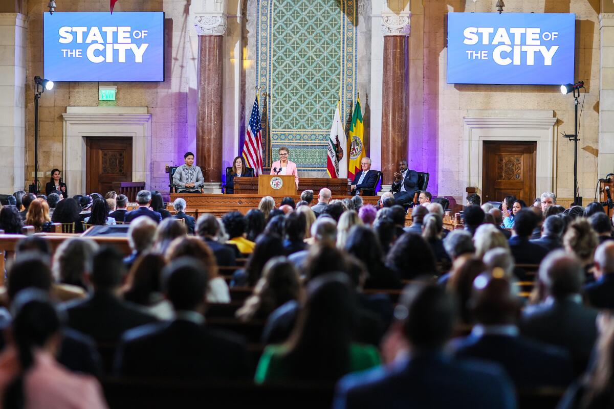 LA Mayor Karen Bass delivers her second State of the City Address at City Hall. 