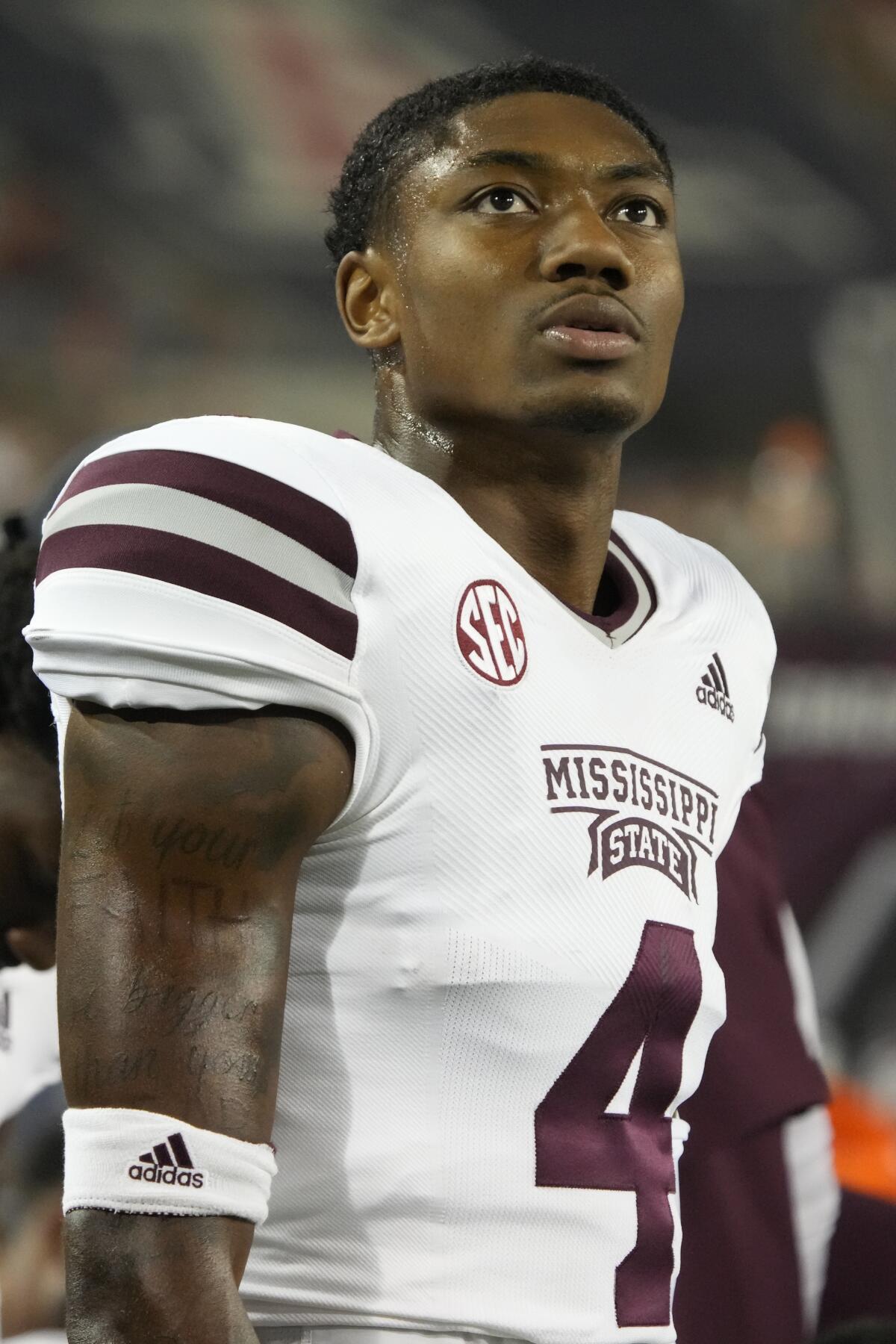 Cornerback DeCarlos Nicholson during a game against Arizona in 2022 while playing for Mississippi State.