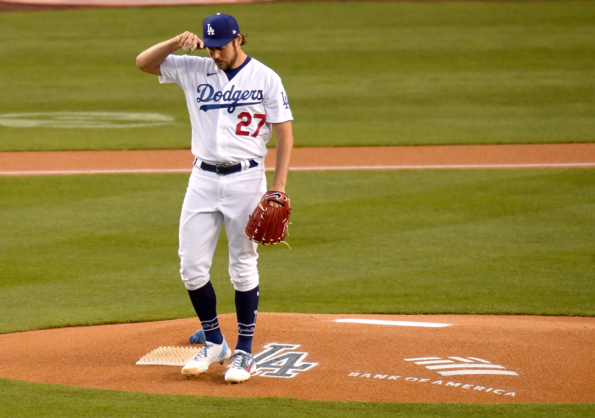 Trevor Bauer stands on the mound during a game between the Dodgers and Colorado Rockies.
