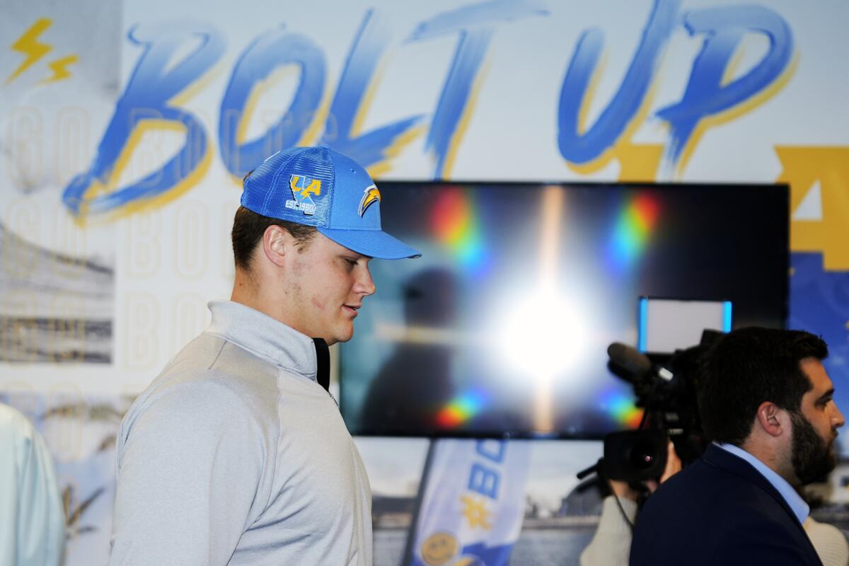 Chargers draft pick Joe Alt arrives to be introduced at a news conference in Costa Mesa on Friday.