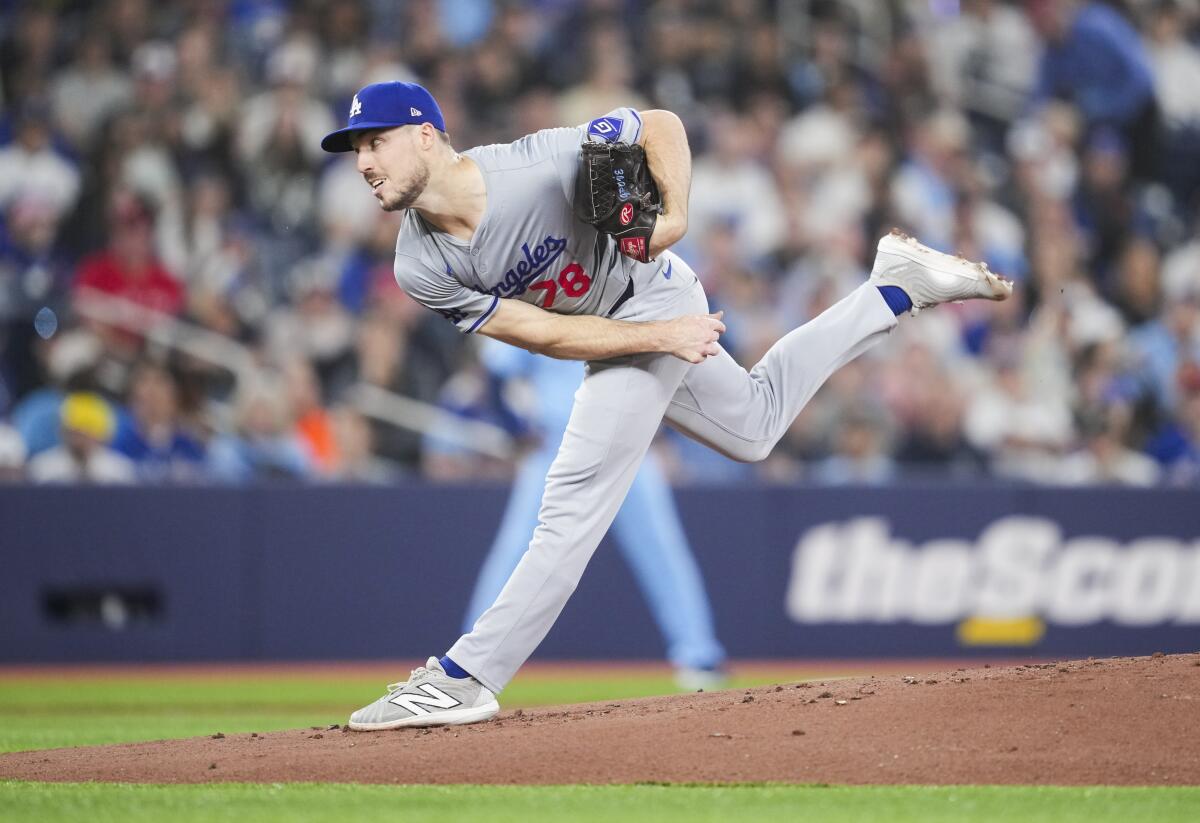 Dodgers pitcher Michael Grove delivers against the Toronto Blue Jays during the first inning Sunday.
