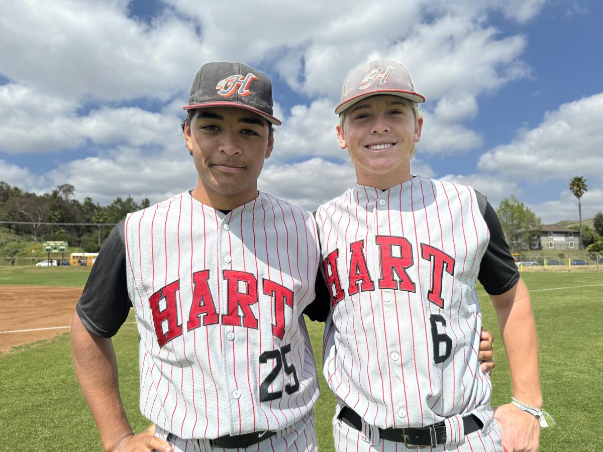 Left-hander Tristan Purfoy (left) and right-hander Ian Edwards both throw submarine-style for Hart.