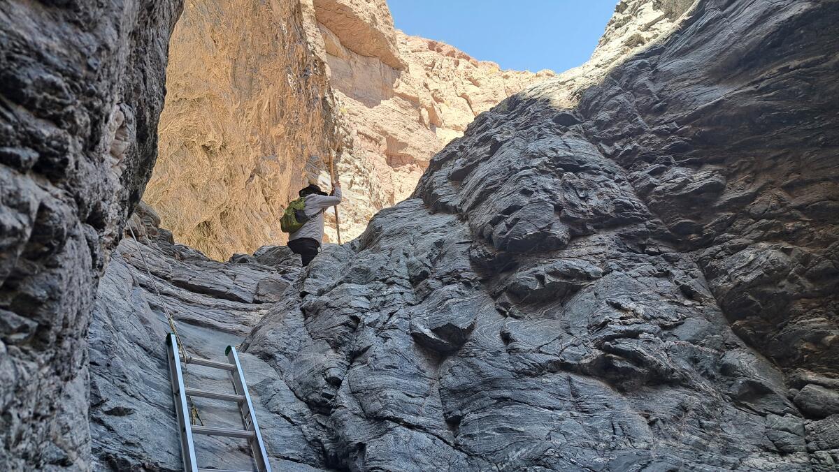 Thomas Tortez hikes up a terraced canyon inside the proposed Chuckwalla National Monument.