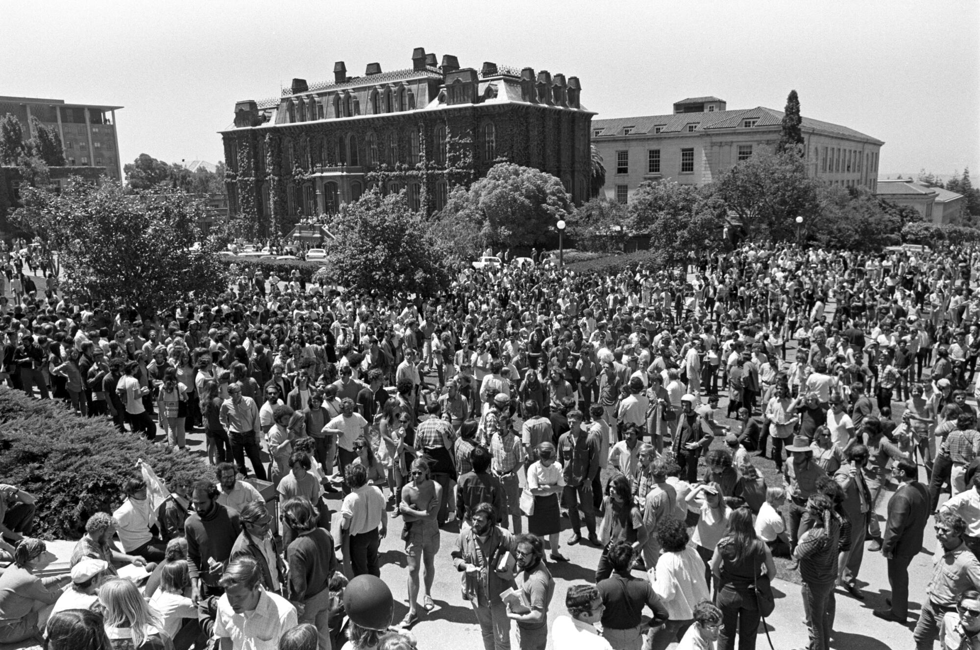 Elevated view of students and activists assembled in Sproul Plaza on the campus of UC Berkeley.