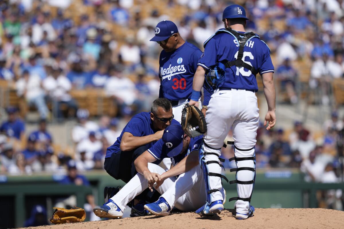 The Dodgers' Blake Treinen is tended to by a trainer after being hit by a ball during a spring training game on March 9.