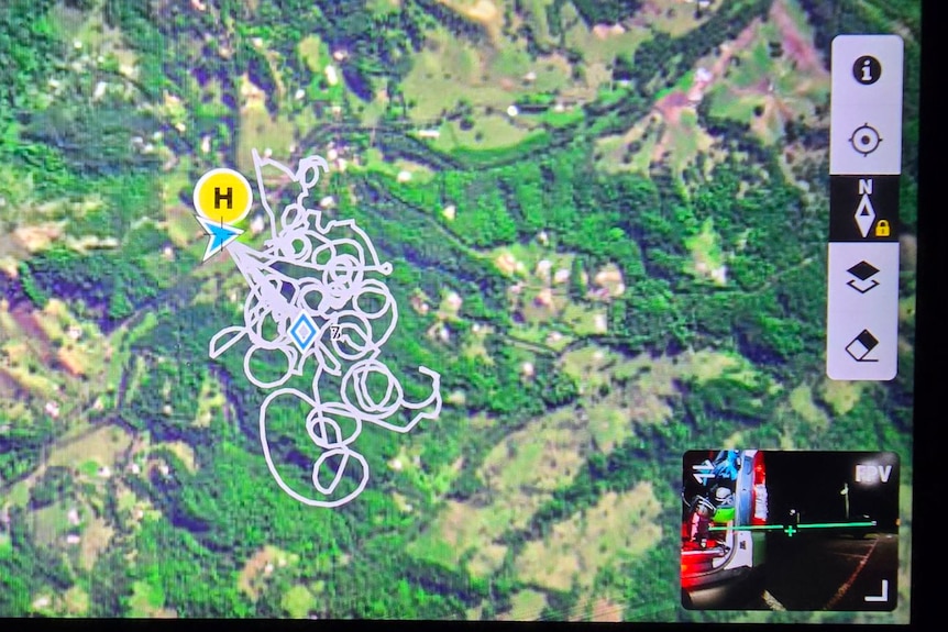 A digital map shows the path taken by drones in the search area. 