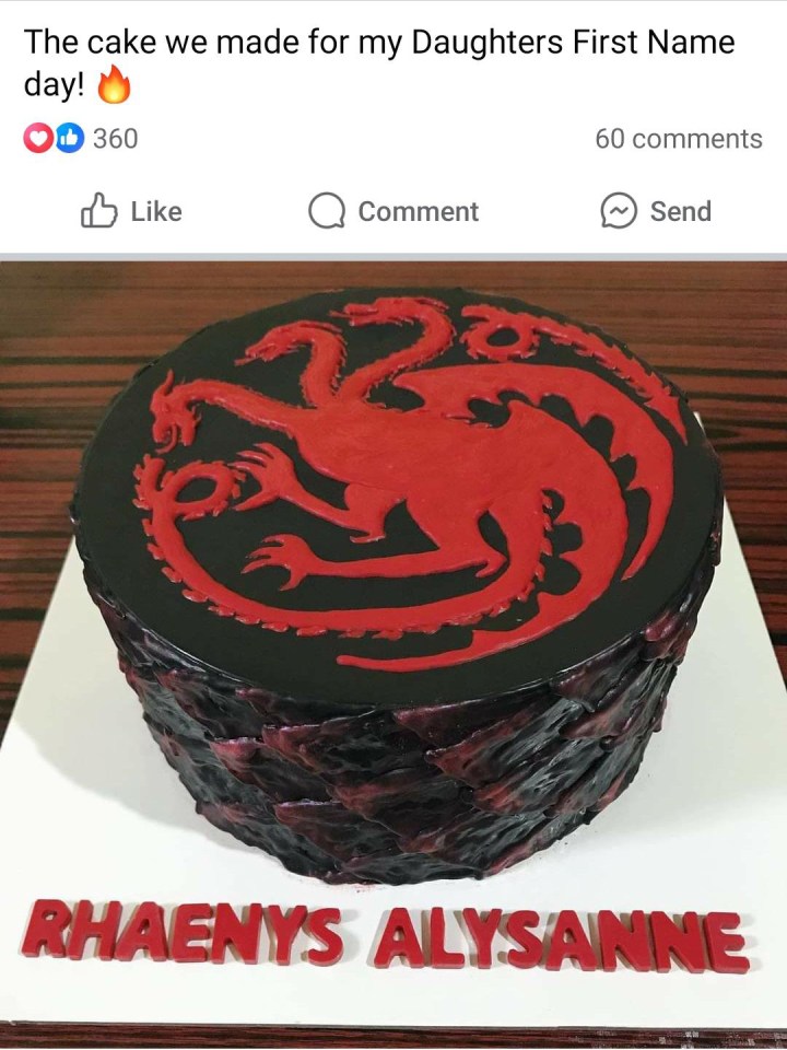 The parents announced their daughter's name with a House of the Dragon-inspired cake, pictured