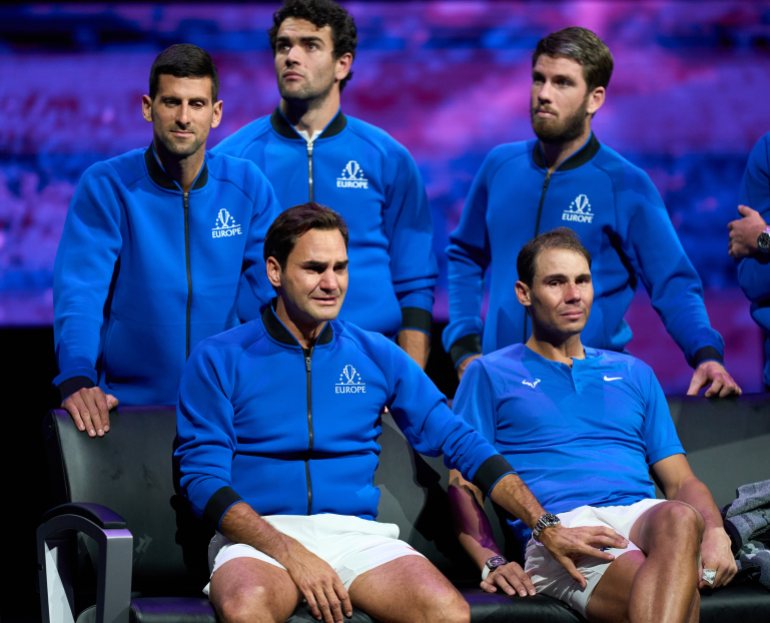 Sep 23, 2022; London, United Kingdom; A tearful Roger Federer (SUI) and Rafael Nadal (ESP) look on after his last Laver Cup Tennis match. Mandatory Credit: Peter van den Berg-USA TODAY Sports