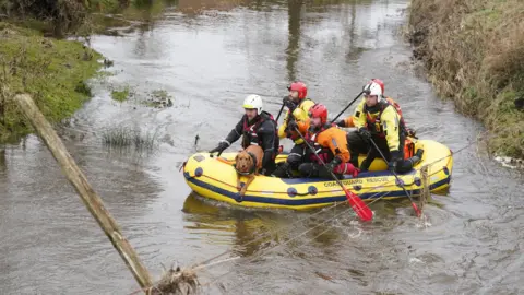 PA Media A search team on a yellow dingy that says 'Coastguard Rescue'. There's a brown dog on the boat with its paws leaning over the side.