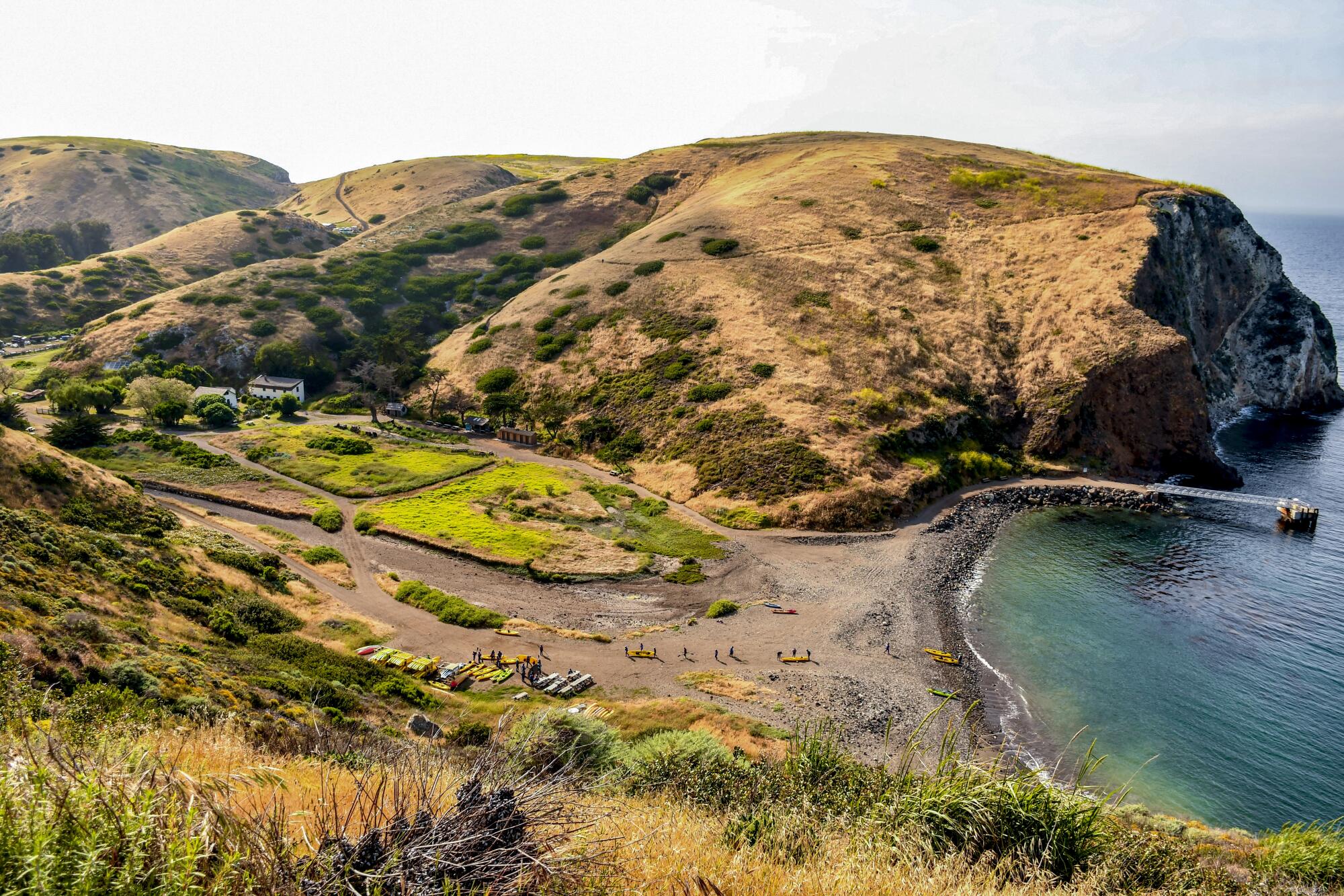 Hills meet the the water at a coastal section of Santa Cruz Island.