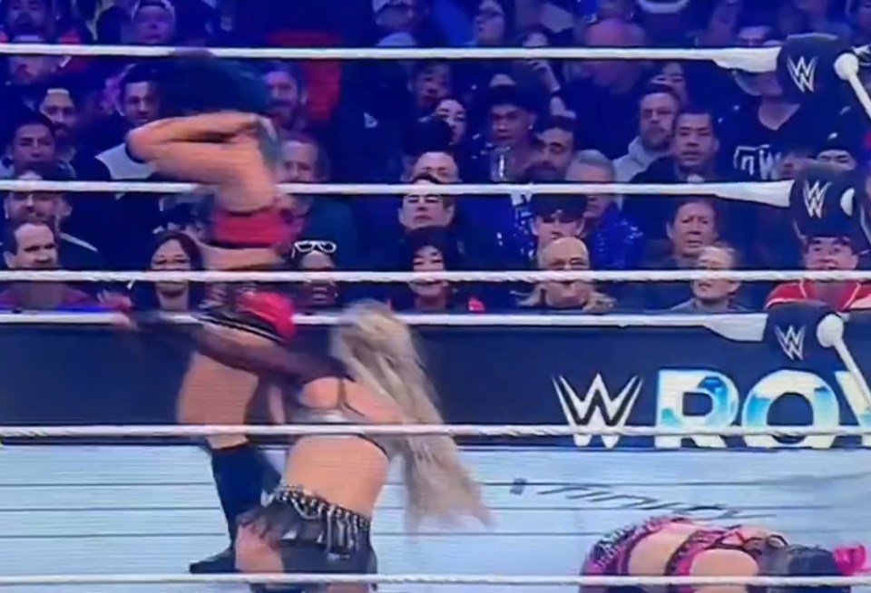 Screenshot of a women's wrestling match.
