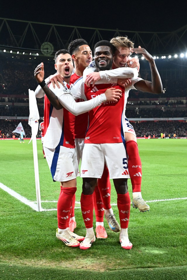 Arsenal players celebrating a goal.