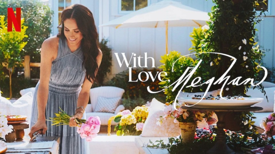 Meghan Markle in a garden setting, preparing food for a gathering;  "With Love, Meghan" is overlaid on the image.