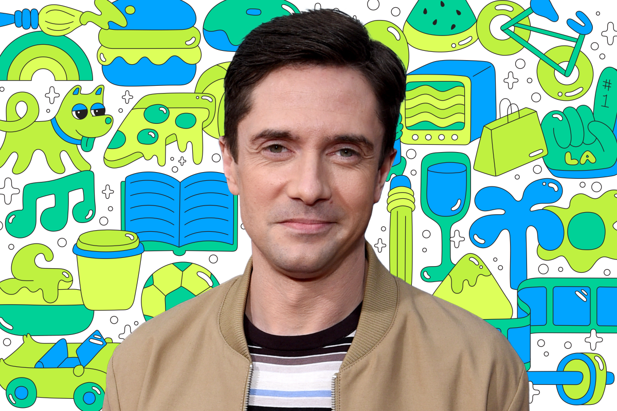 Photo of a man on a background of colorful illustrations like a book, dog, pizza, TV, shopping bag, and more