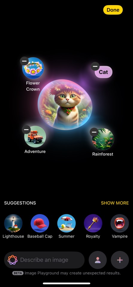 Illustration of a cat wearing a flower crown, with options for other images.