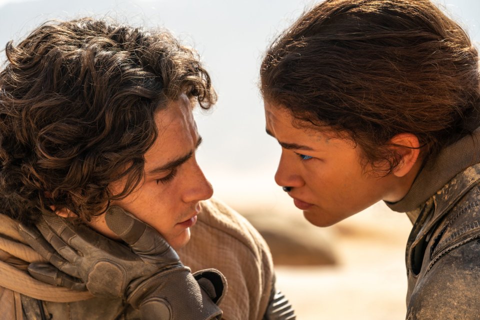 Film still of Timothée Chalamet as Paul Atreides and Zendaya as Chani in *Dune: Part Two*.