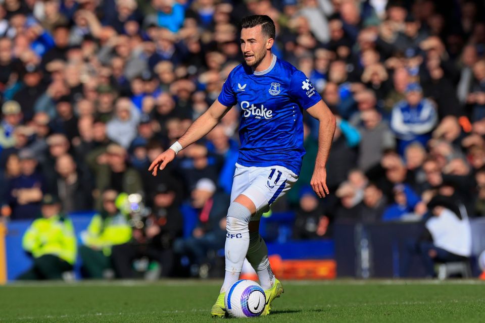 Everton's Jack Harrison (11) controls the ball during a Premier League match.