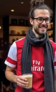 Arsenal fan holding a coffee.