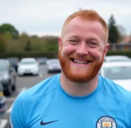 Man City fan in team jersey.