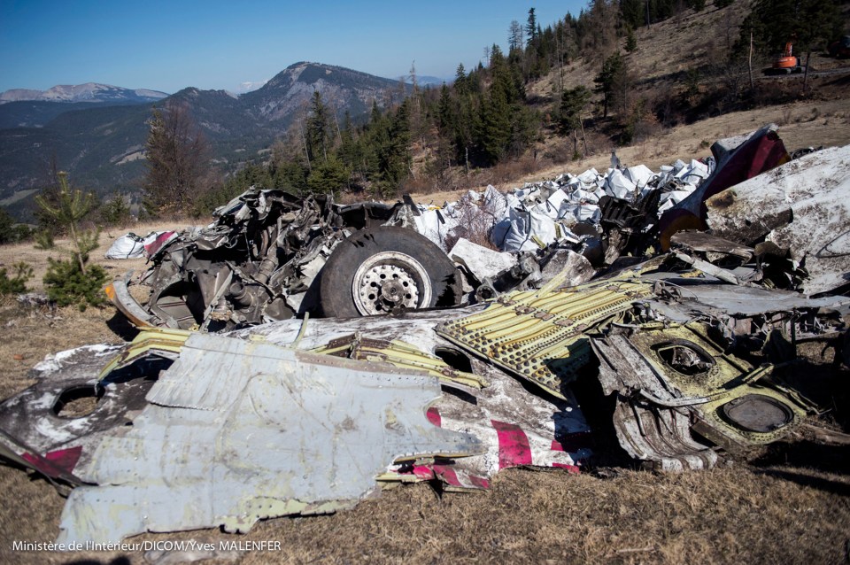 Wreckage of Germanwings plane crash in the French Alps.