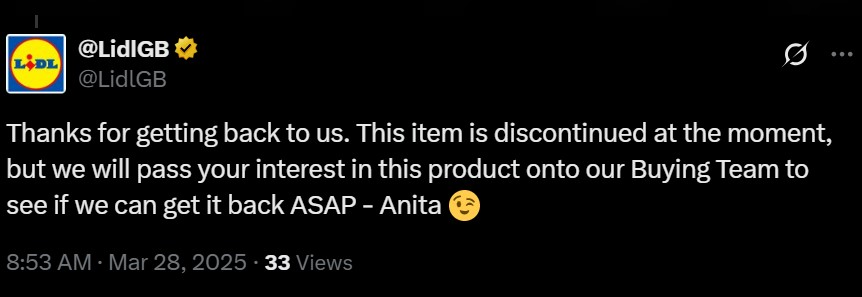 Screenshot of a Lidl GB Twitter reply stating that an item is discontinued but customer interest will be passed to the buying team.