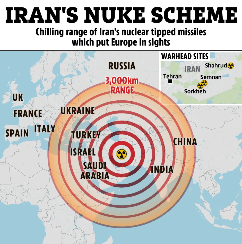 Illustration of Iran's nuclear missile range, showing its reach to Europe.