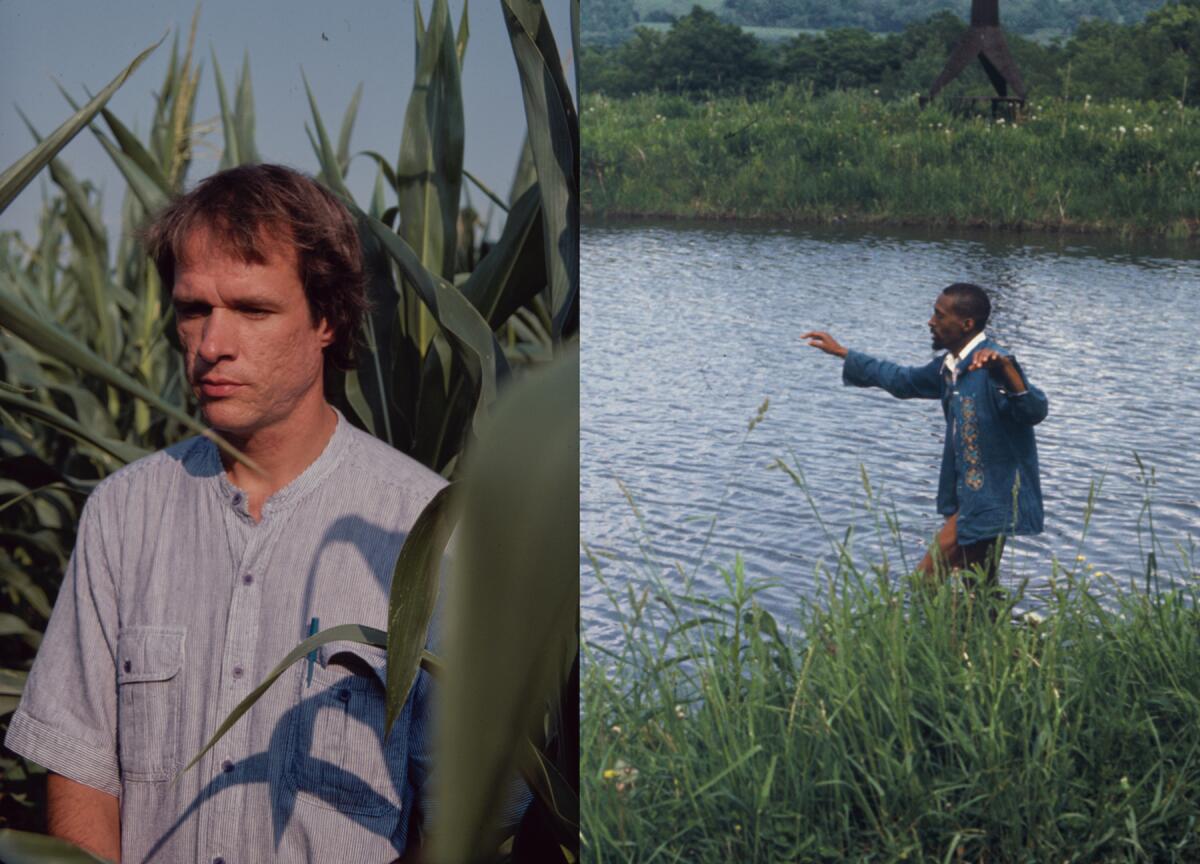 Photos of a man in a cornfield and a man at the edge of a pond