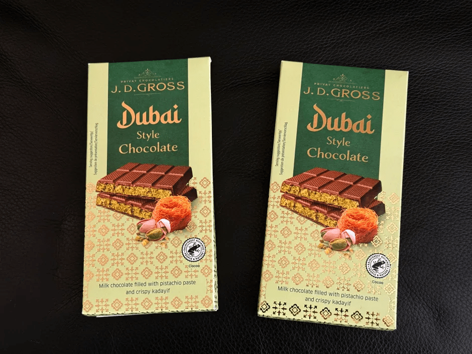 Two J.D. Gross Dubai Style Chocolate bars.