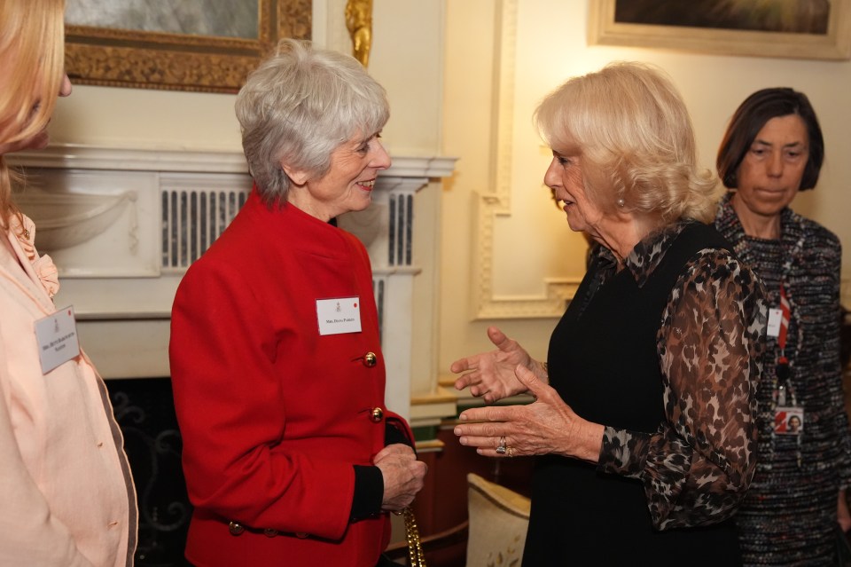 Queen Camilla speaking with Diana Parkes at a SafeLives anniversary reception.