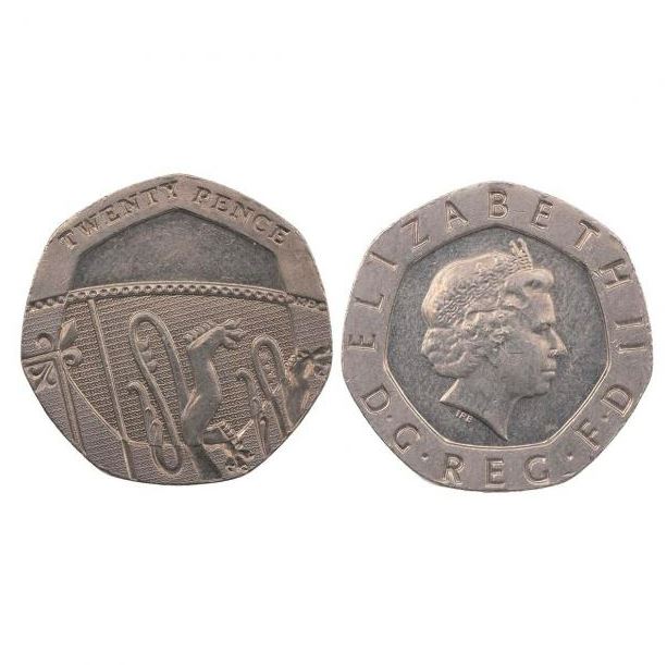 Both sides of a twenty pence coin.