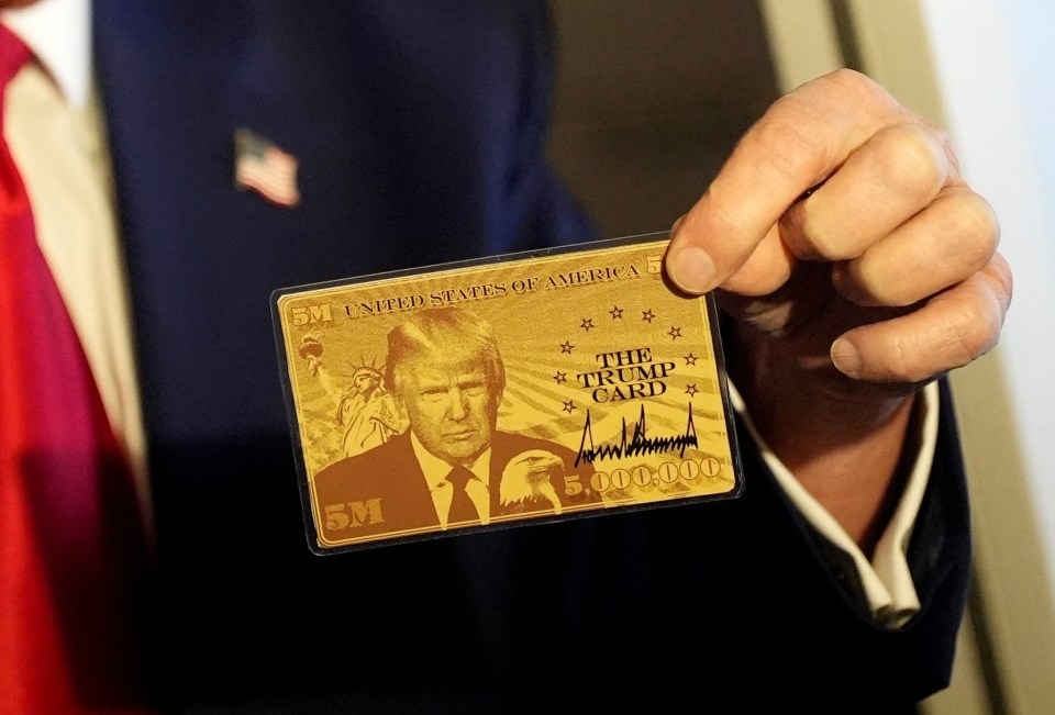 Donald Trump holding a gold card called "The Trump Card."