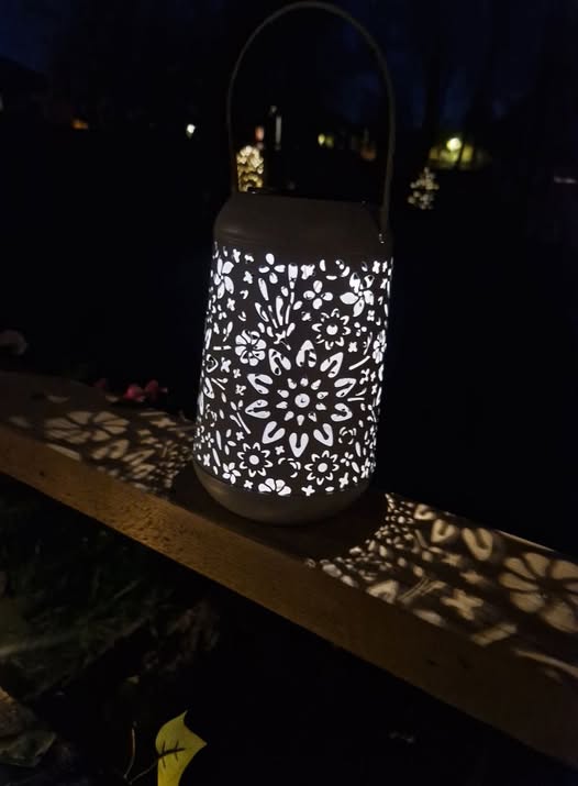 Lit-up floral lantern casting shadows.