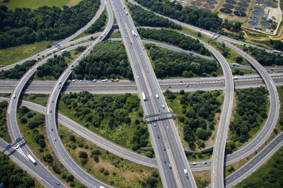 Aerial view of a highway interchange.