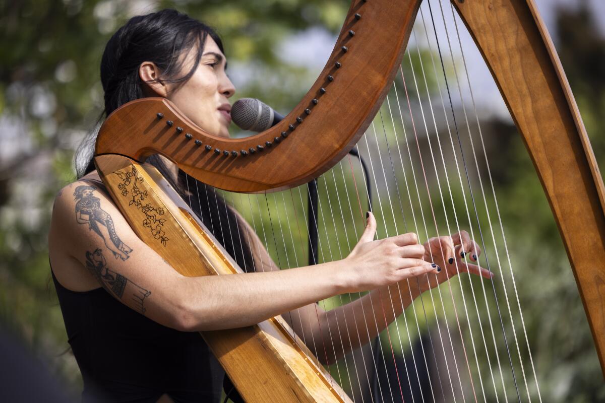 Musical artist Leng Bian plays the harp during a recent event at 7th Ave Garden in Arlington Heights.