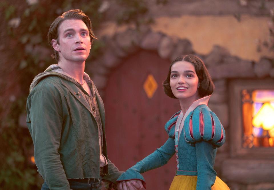 Andrew Burnap and Rachel Zegler in a scene from the movie *Snow White*.