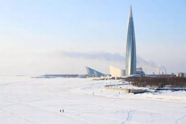 The Lakhta Centre in Russia on a snowy day