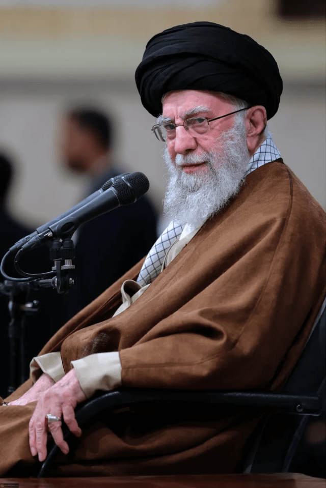 Portrait of Ayatollah Ali Khamenei speaking into a microphone.