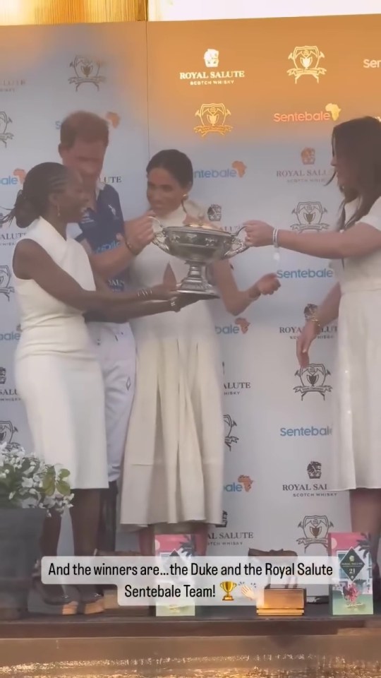 Meghan Markle, Prince Harry, and Serena Williams holding a trophy at a polo event.
