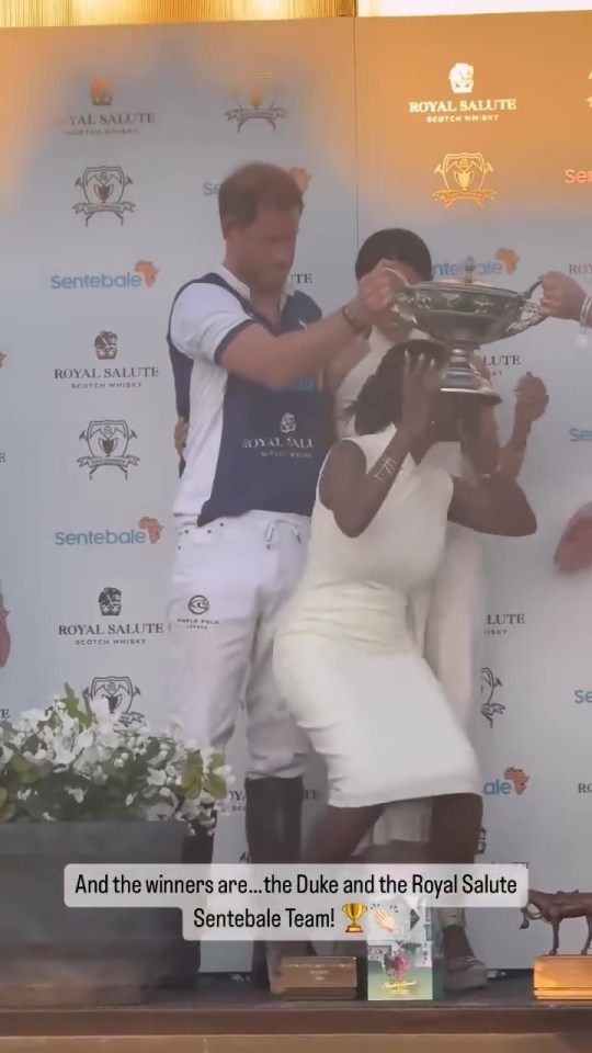 Prince Harry and Serena Williams celebrating a polo match victory.